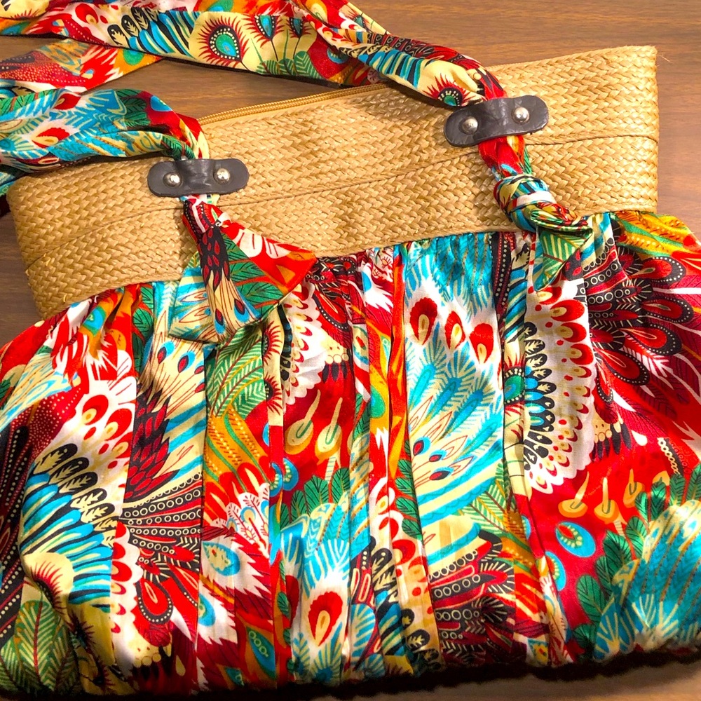 Silk and wicker boho peacock floral purse handbag